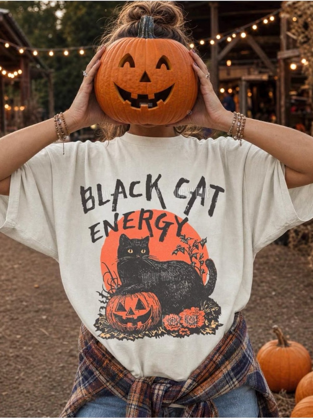 Comfort Colors Black Cat Energy Tee - Cream & Orange Graphic